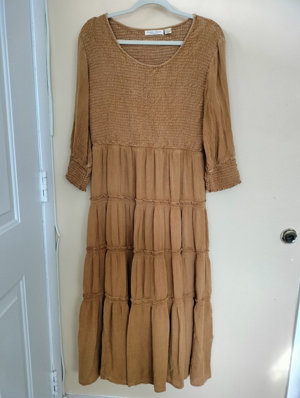 Studio West Brown Tiered Smocked Maxi Dress L Boho Hippie Festival Flowy